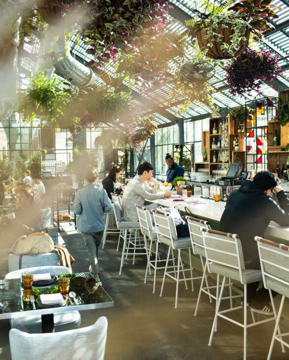 People are enjoying their dining in a restaurant adorned with small flower vases on the ceiling.