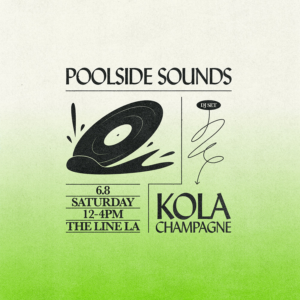 A brochure displays "POOLSIDE SOUNDS by KOLA CHAMPAGNE" along with the time schedule.