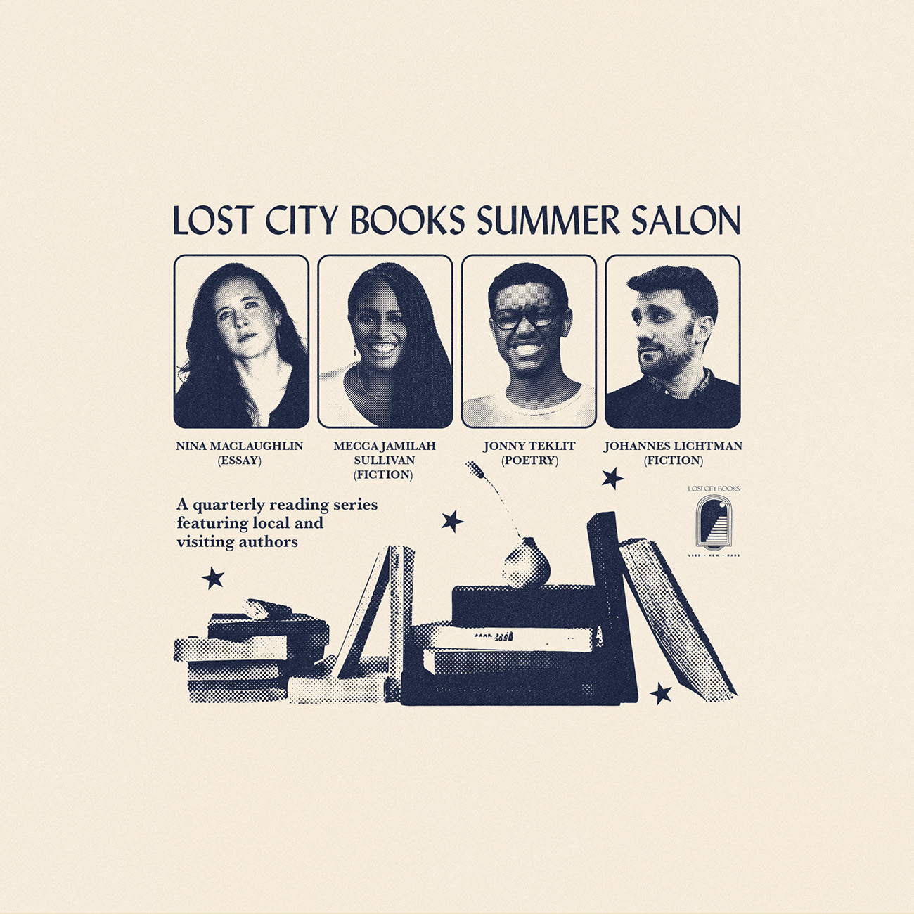 The brochure showcases "LOST CITY BOOKS SPRING SALON" with imagery and accompanying descriptive text.