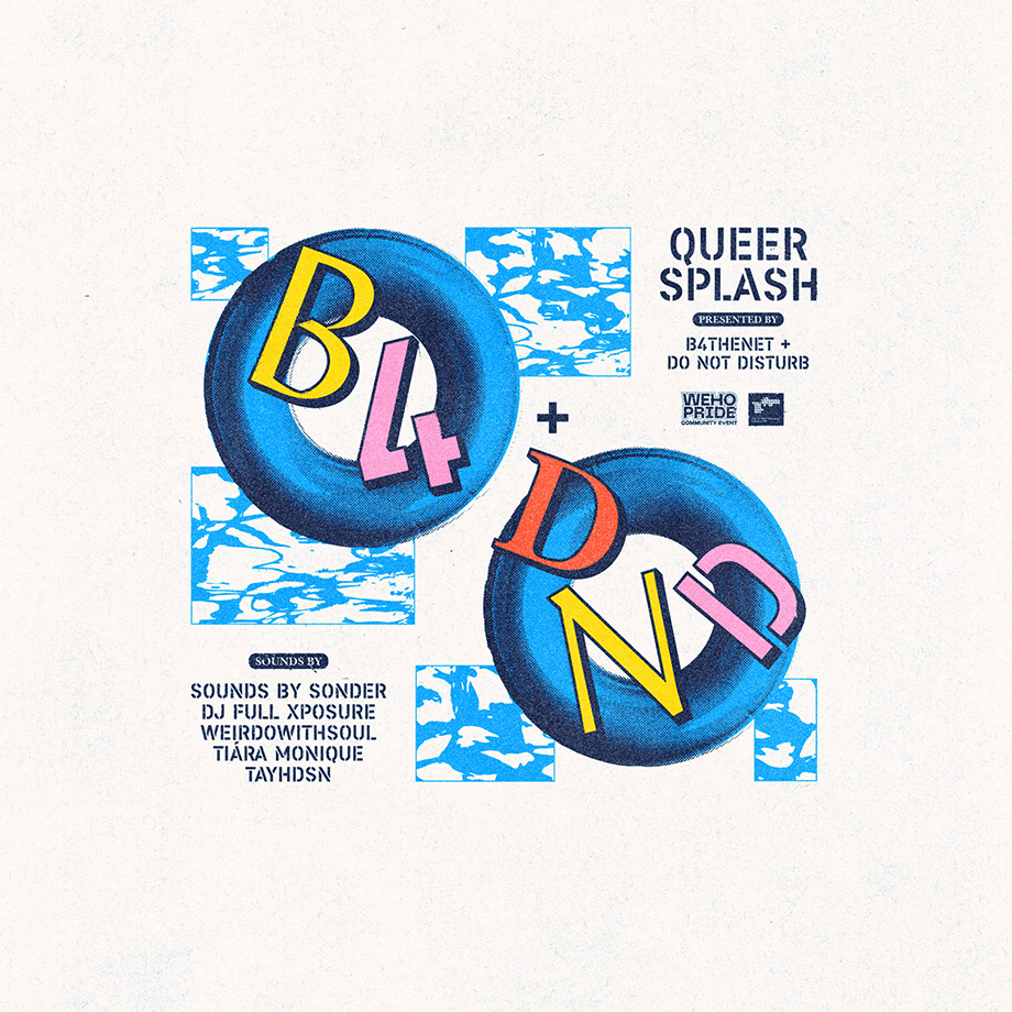 A brochure displays "QUEER SPLASH by BATHENET + DO NOT DISTURB" with images and details.