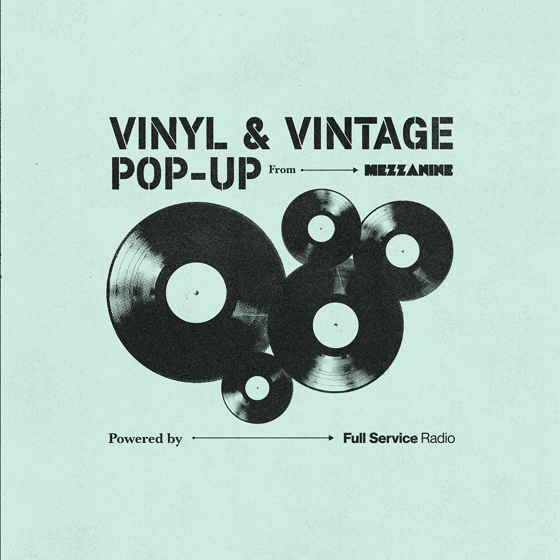 The brochure features "VINYL & VINTAGE POP-UP" with an image of a vinyl player and text.