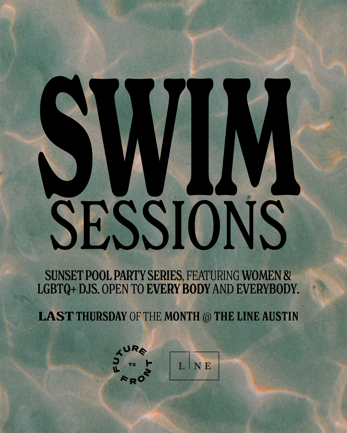 The brochure highlights "SWIM SESSIONS" with informative text and details about the sessions.