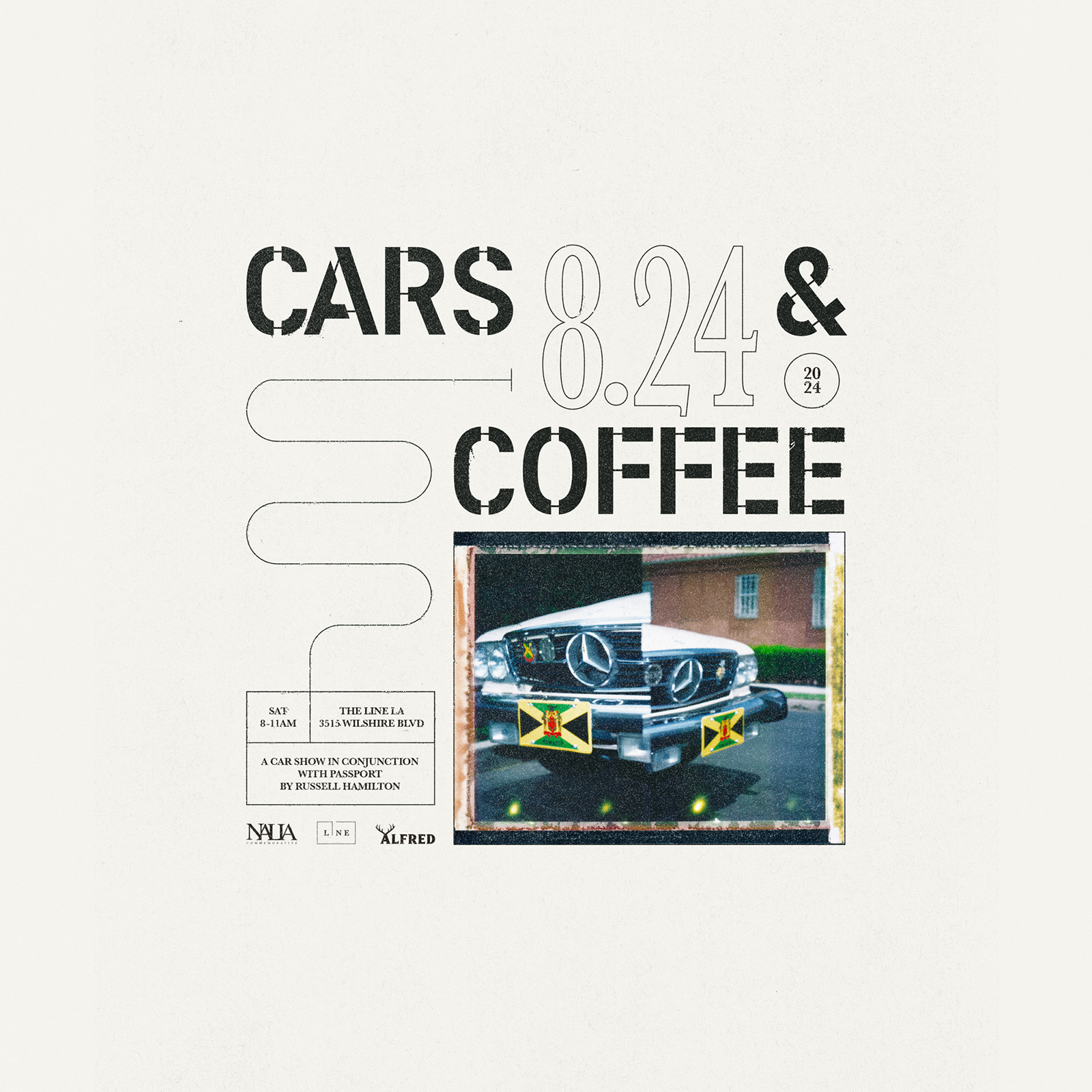 a poster to Cars & Coffee at the LINE LA on August 24th