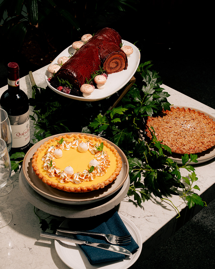 Bûche de Noël, Passionfruit Meringue Tart, and Apple Crumble