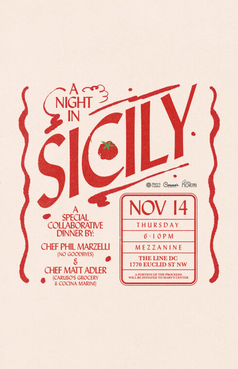 A poster to A Night in Sicily: A collaborative dinner by Chef Phil Marzelli of No Goodbyes at the LINE DC & Chef Matt Adler of Caruso's Grocery and Cucina Morini