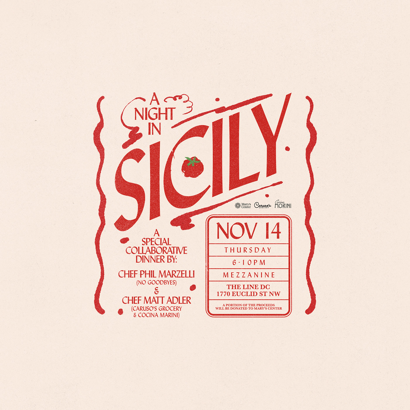 A poster to A Night in Sicily: A collaborative dinner by Chef Phil Marzelli of No Goodbyes at the LINE DC & Chef Matt Adler of Caruso's Grocery and Cucina Morini