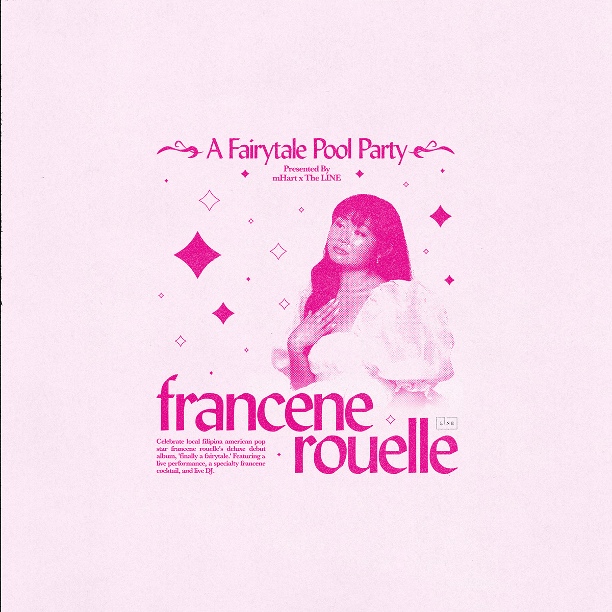 A pink poster to A Fairytale Pool Party featuring Francene Rouelle at the LINE Austin