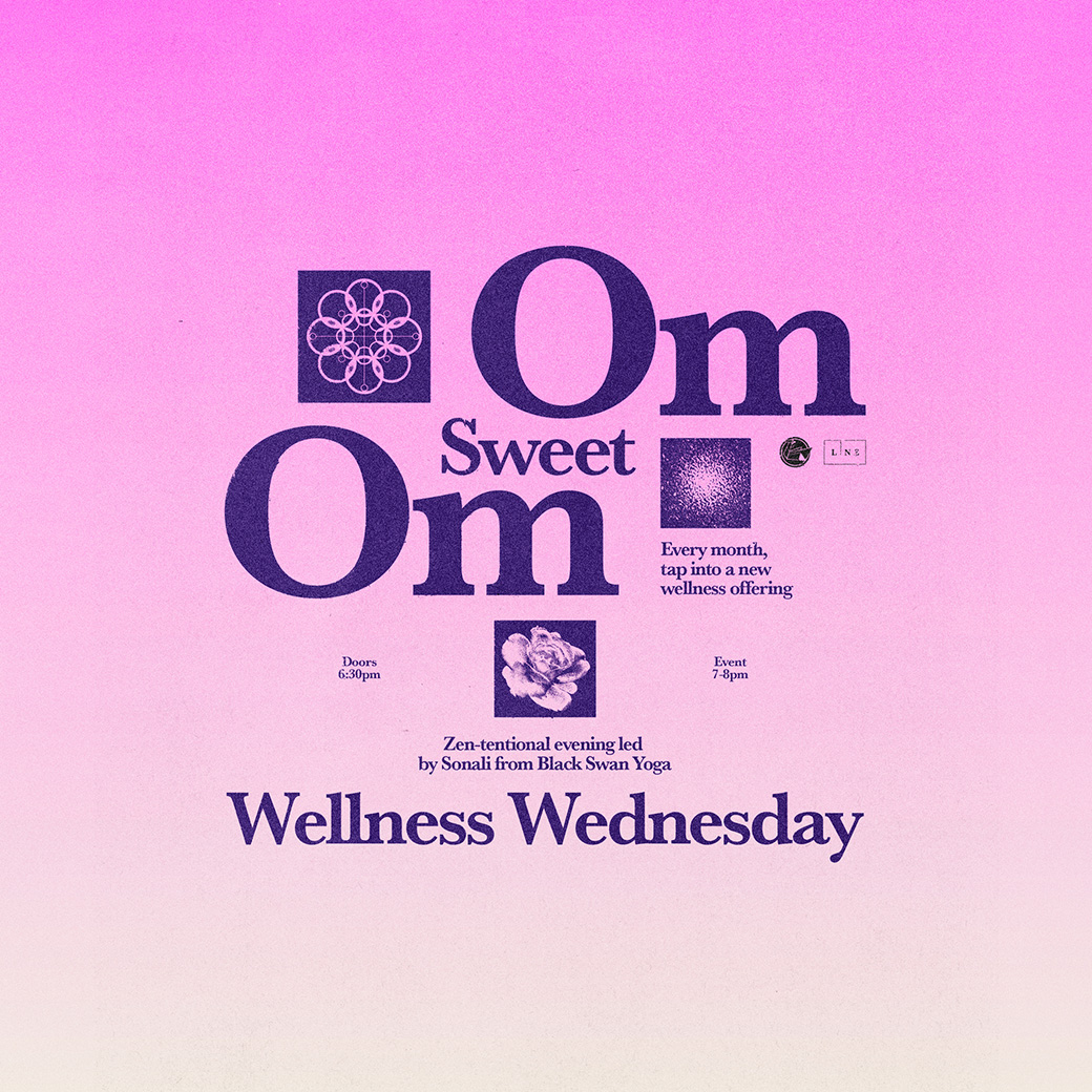 a pink ombre poster to Om Sweet Om - a monthly wellness series at the LINE Austin