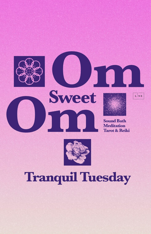 a pink ombre poster to Om Sweet Om - a monthly wellness series at the LINE Austin