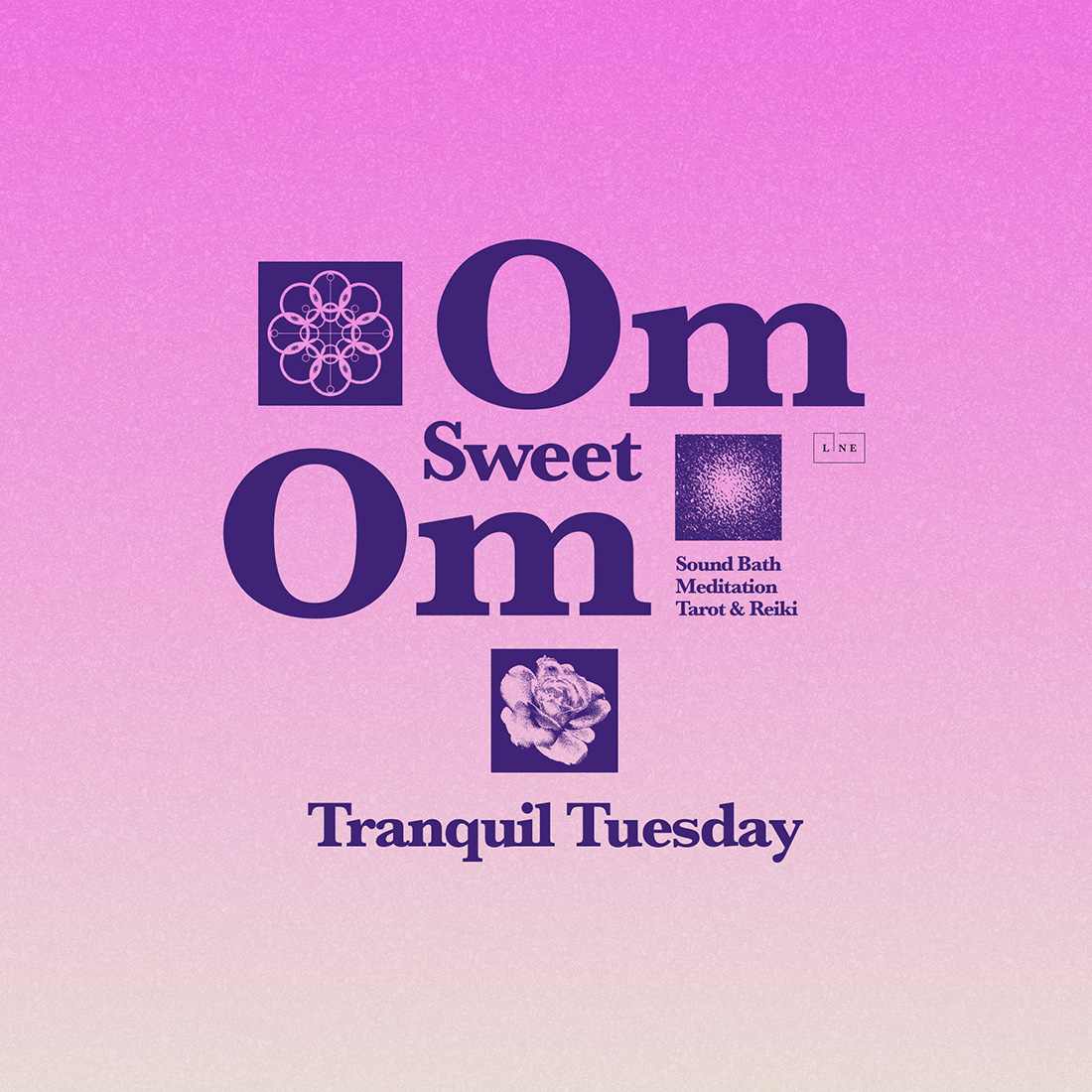 a pink ombre poster to Om Sweet Om - a monthly wellness series at the LINE Austin