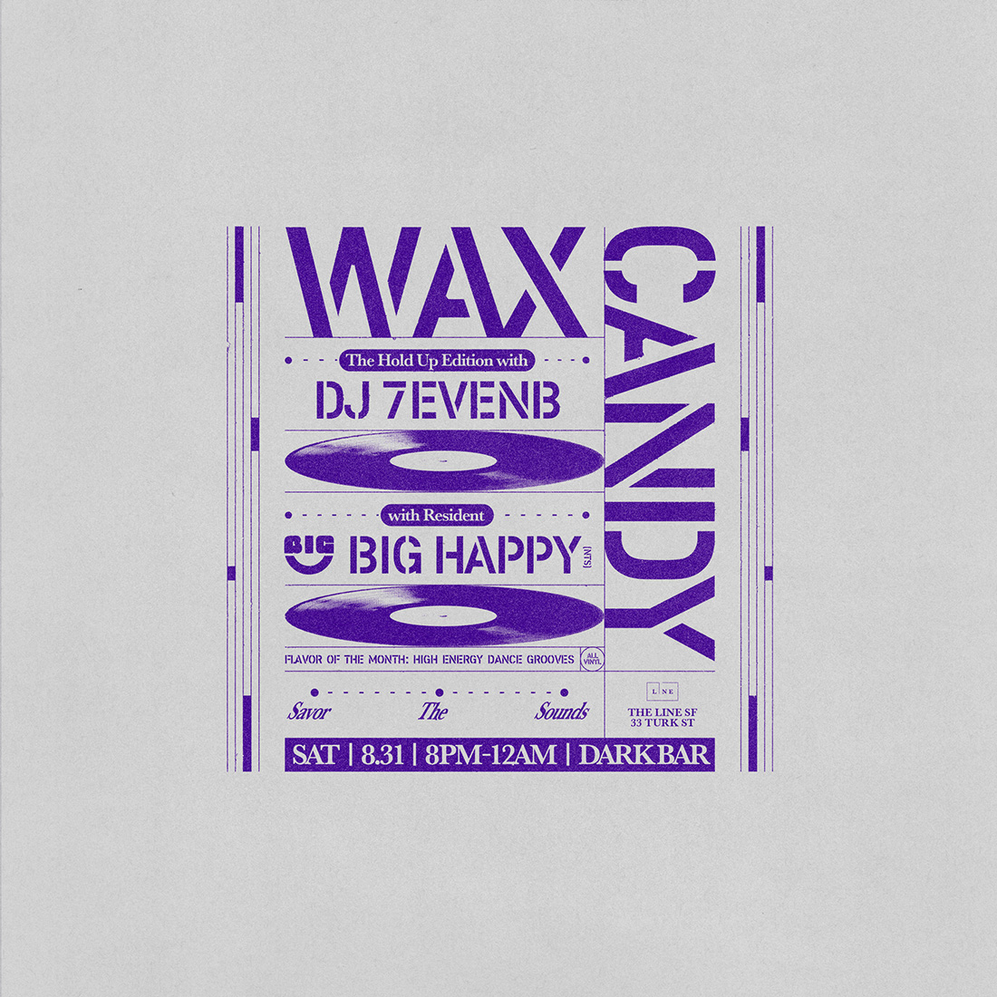 a gray poster with purple text to Wax Candy at Dark Bar in San Francisco on August 31st, 2024