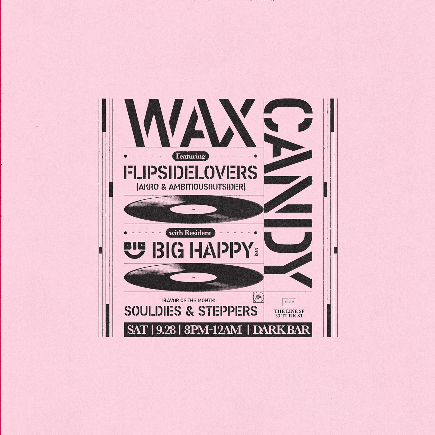 a pink poster with black text to Wax Candy at Dark Bar in San Francisco on September 28th, 2024